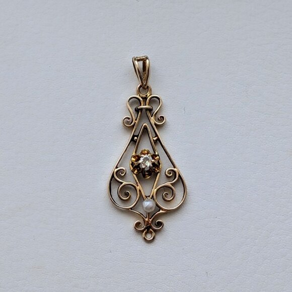 Antique Art Nouveau 10K Yellow Gold Pearl Paste Stone Filigree Pendant Charm - Picture 3 of 4
